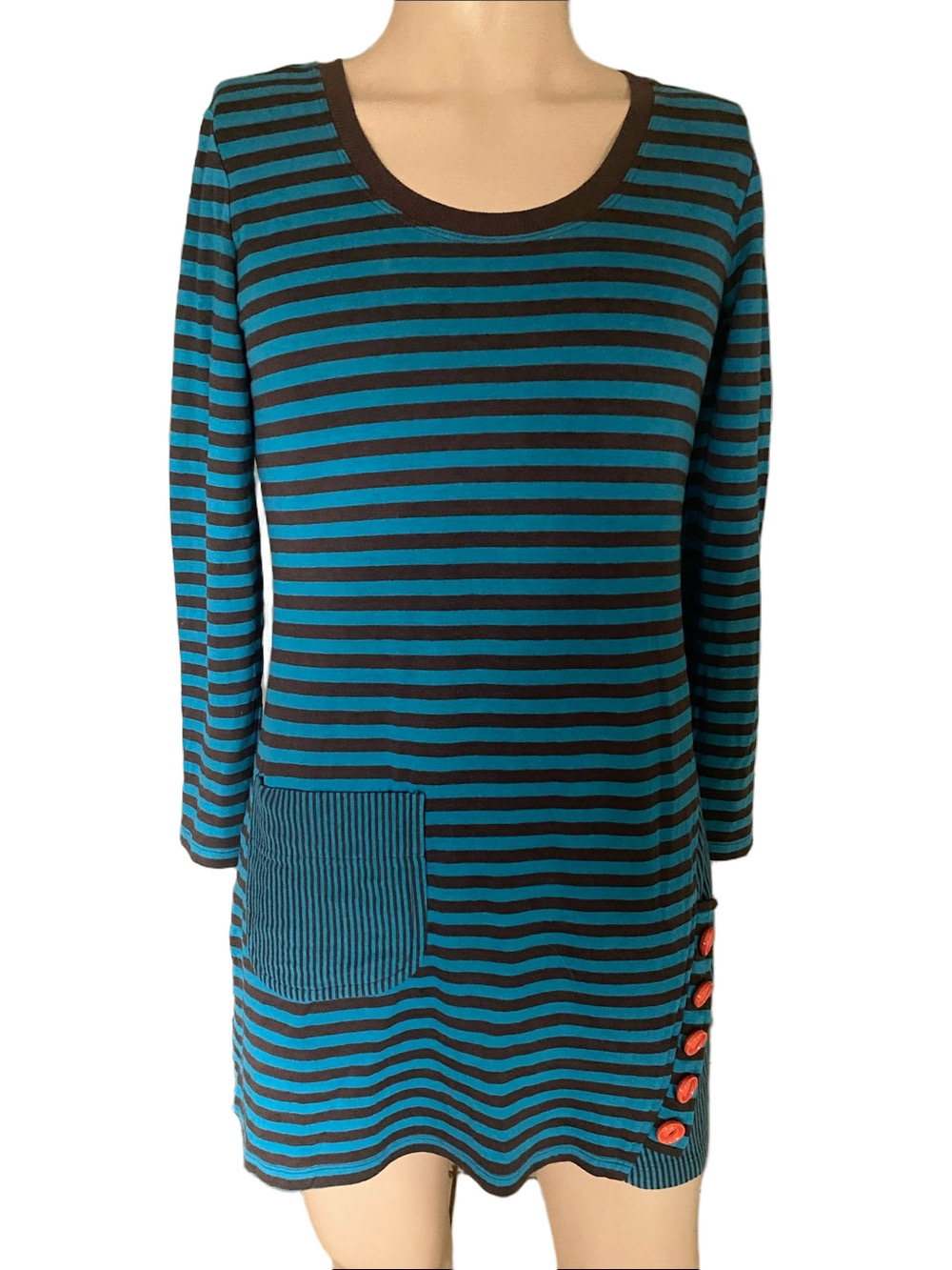 Uncle Frank Teal and Brown Striped Long Sleeve Pocket Dress